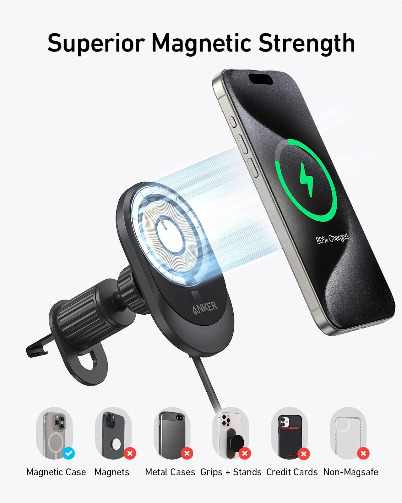 Anker MagGo Wireless Car Charger (Built-In USB-C Cable)