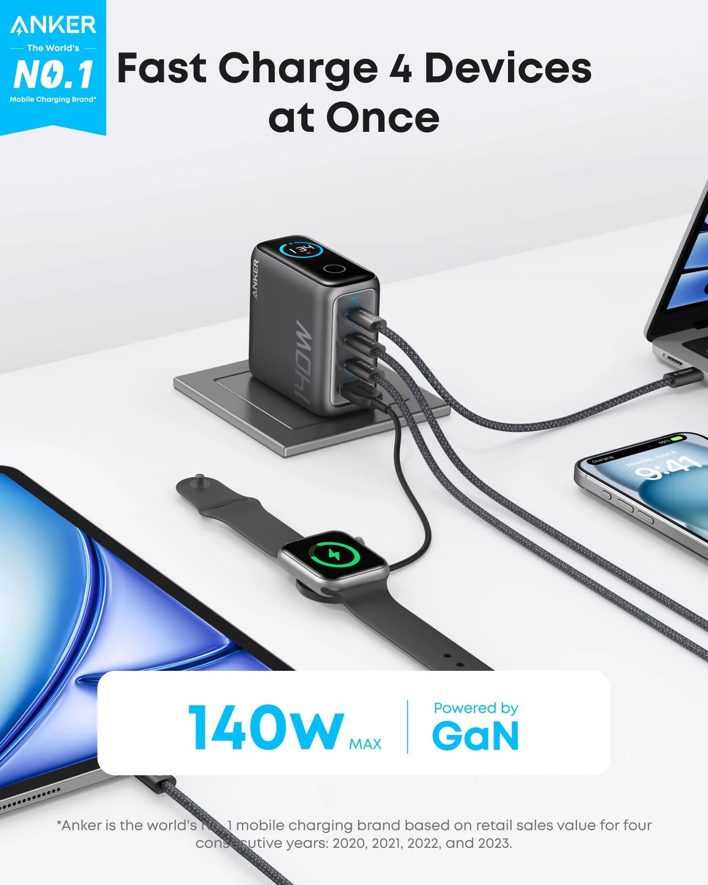 Anker Charger (140W, 4-Port, PD 3.1) Smart display