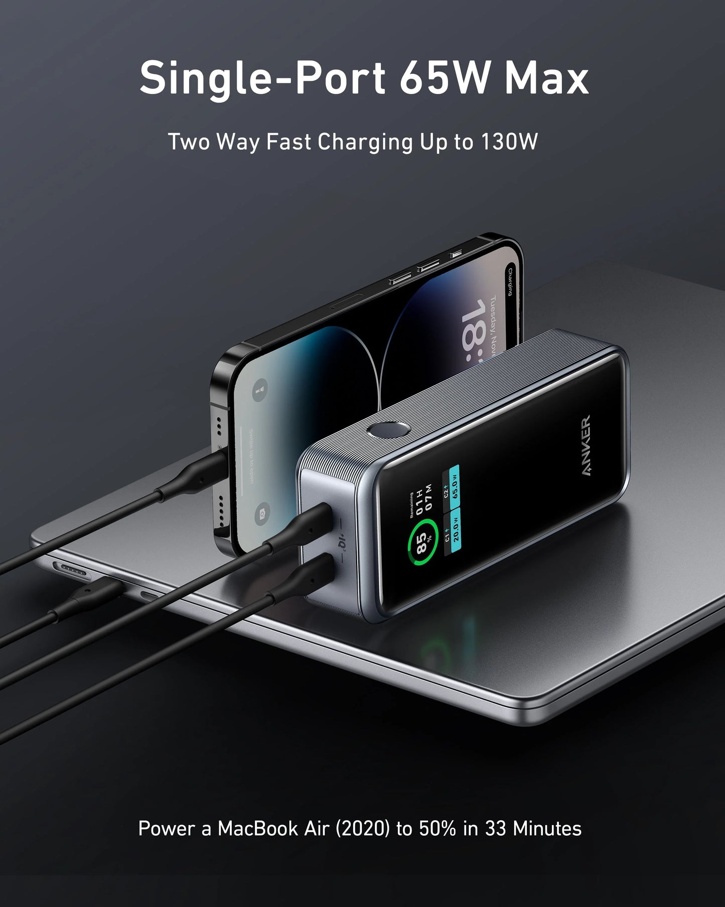 Anker Prime 12,000mAh Power Bank   (130W, 2-Port, Smart Display)