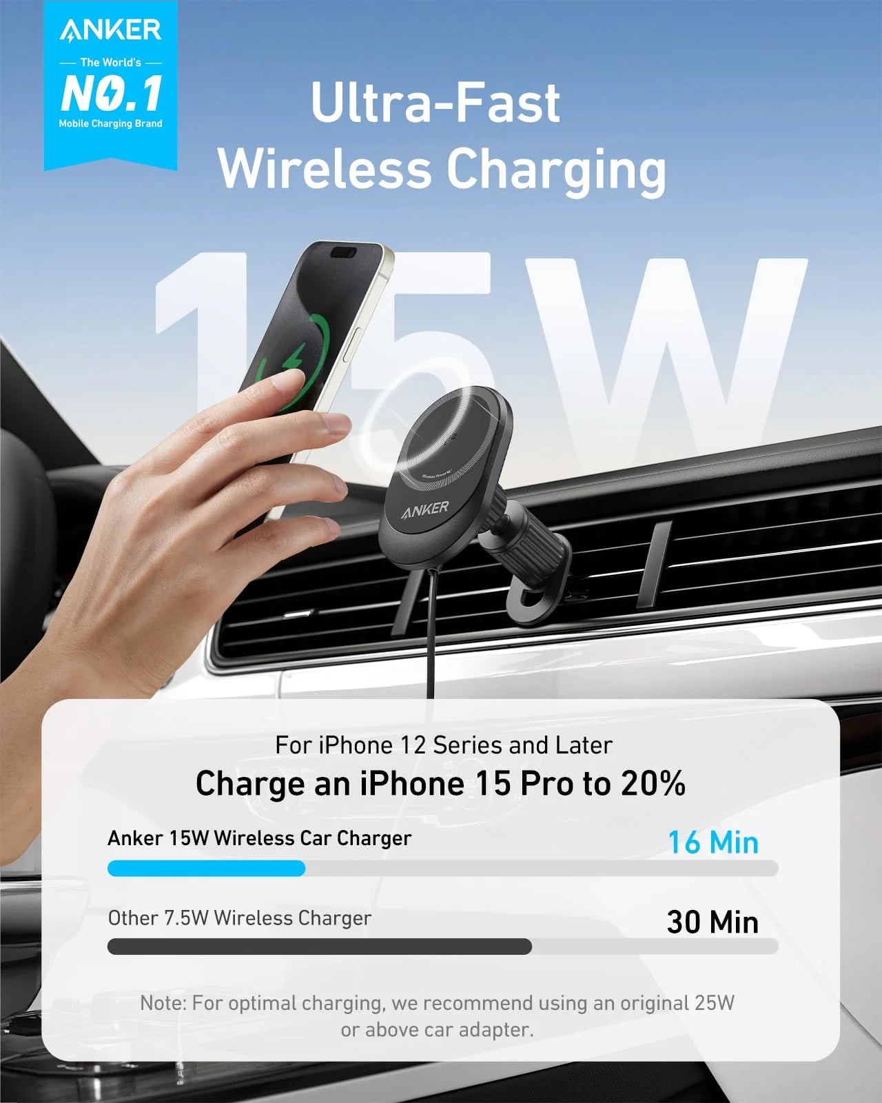 Anker MagGo Wireless Car Charger (Built-In USB-C Cable)