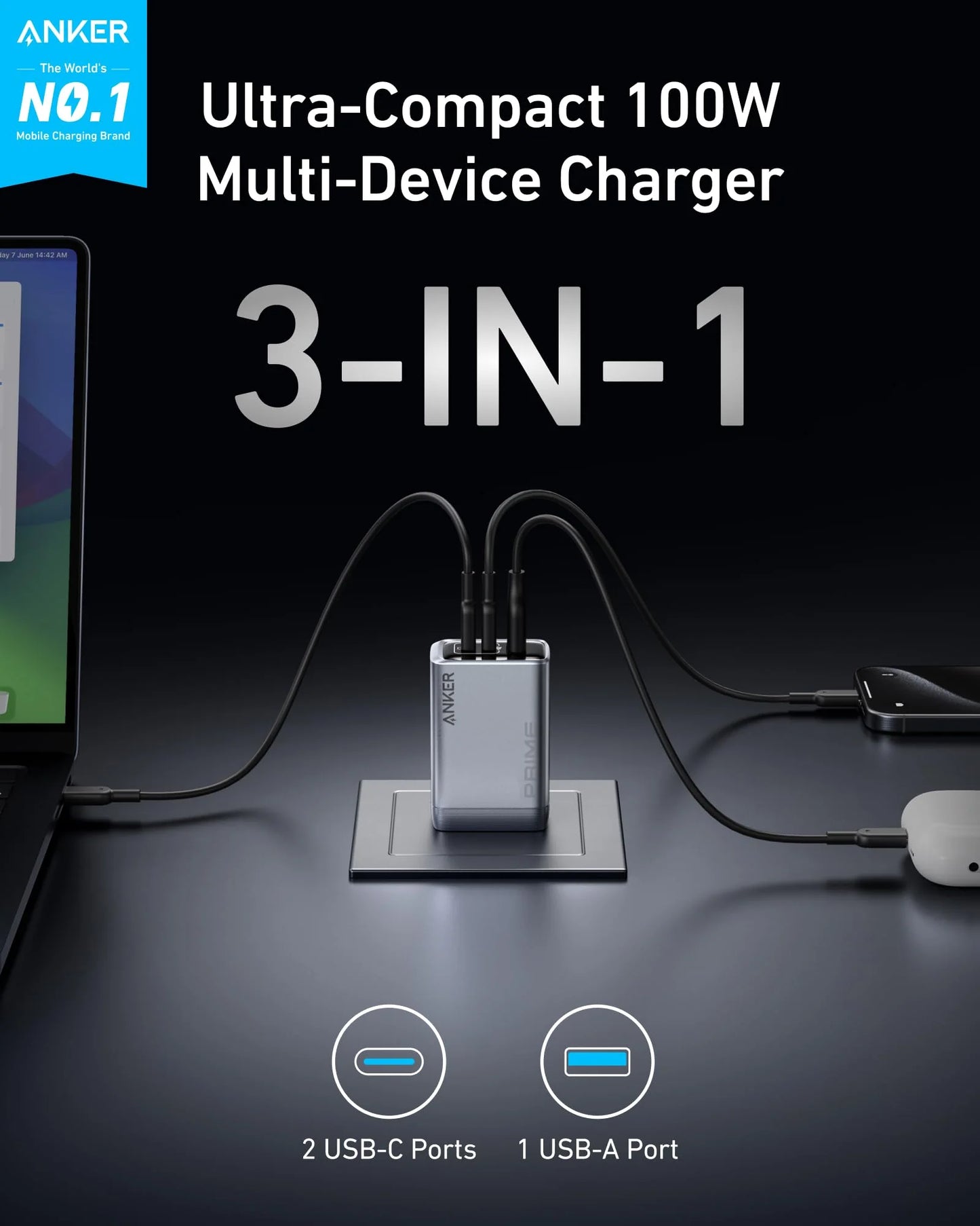 PACK ANKER PRIME (powerbank anker 737 140W + anker prime 100W charger + 2 anker zolo cables)