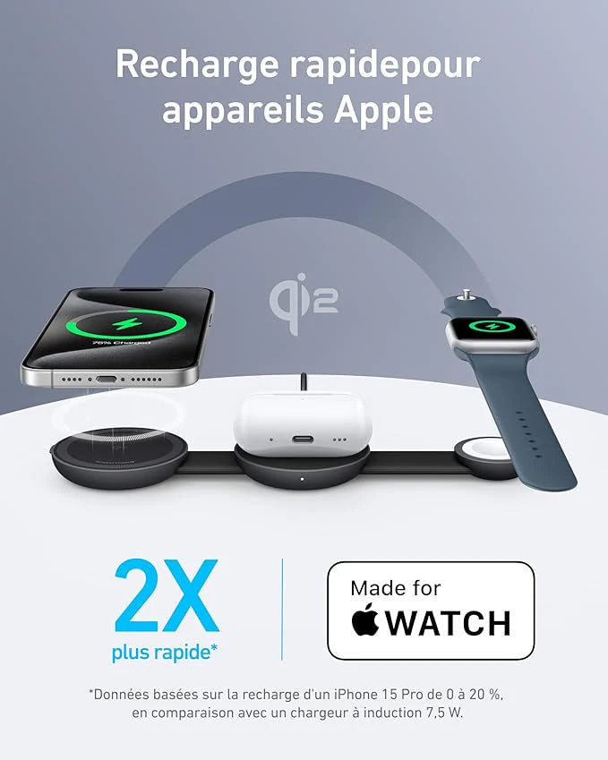 ANKER MAGGO Station de recharge sans fil (3-en-1, Qi2 coussinet pliable)