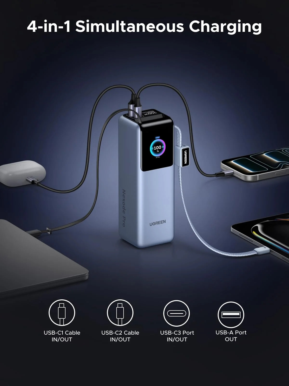 UGREEN 200W Power Bank 25000mAh (Built-in Cable)